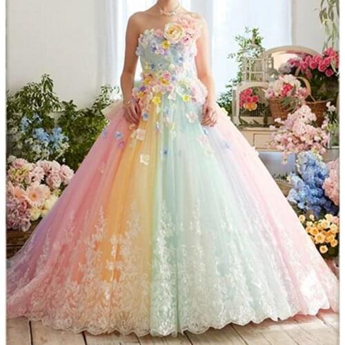 Pretty Colorful Rainbow Tutu Prom Dresses 3D Flower Lace Puffy Ball Gowns Vestido Formatura Abiye Ruffles Evening Gowns