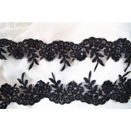 14 yards Black Bead Lace Trim, Black Alencon Sequined Lace Trim