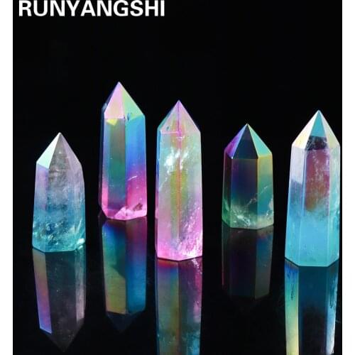 Natural Clear Quartz Crystal Point Electroplating rainbow Healing Wand Two color crystal column Reiki Hexagon ornament