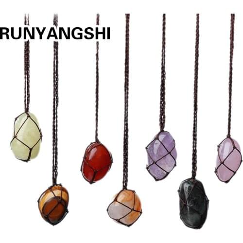 Natural crystal large grain polished jewelry Hand woven net pocket pendant Healing Stone Reiki Hangings Craft With Weave Rope