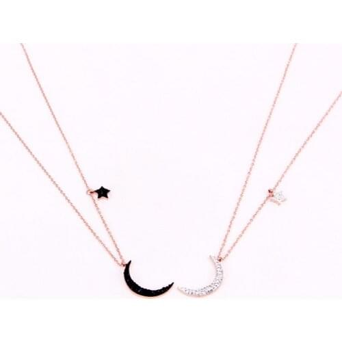 Cute Full Of Zircon Star And Moon Pendant Necklace For Women And Kids Titanium Steel Rose Gold Color Necklace Birthday Gift
