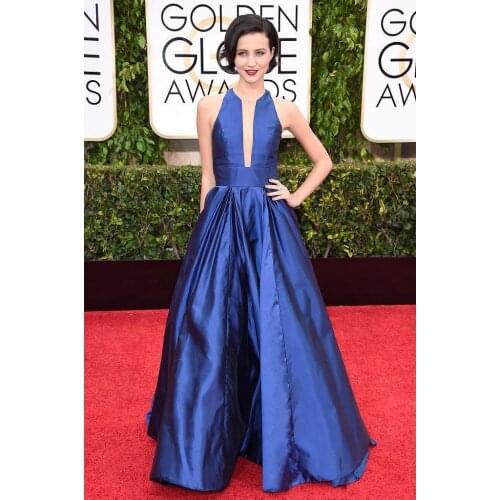 Julia Goldani Telles Celebrity Dresses A Line Sleeveless Sheer Neck Taffeta Red Carpet Gown Blue Formal Party Evening Prom Dress