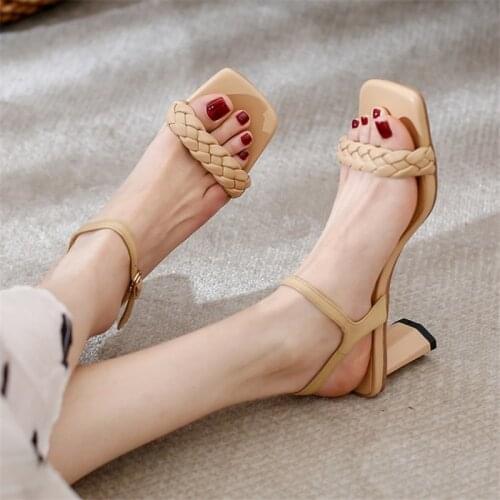 PXELENA Plus Size 34-42 Weaving Genuine Leather Sandals Strange High Heels Lady Ankle Strap Party Office Work Dress Shoes Women