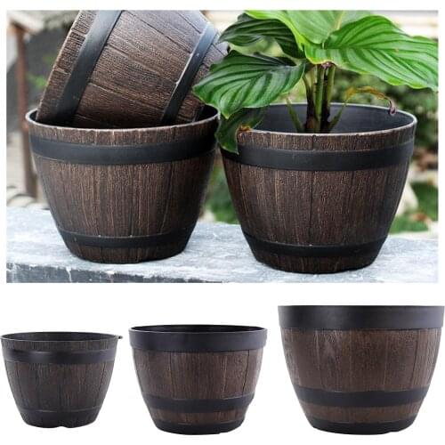 Retro Round Resin Flower Plant Pots Planter Barrel Home Garden Outdoor Decoration