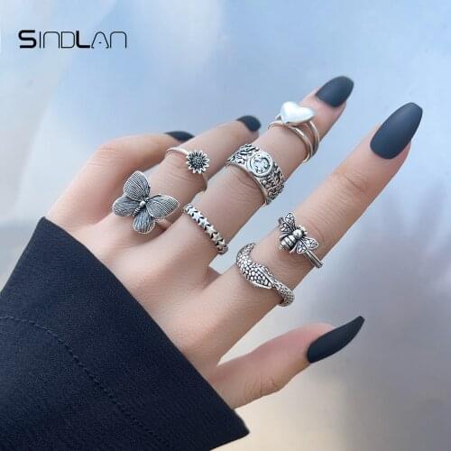 Sindlan 7Pcs Punk SIlver Color Buttefly Heart Rings for Women Gothic Snake Flower Stranger Things Set Couple EMo Fashion Jewelry
