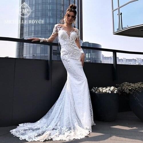Michelle Royce Mermaid Wedding Dresses 2020 Scoop Illusion Appliques Beading Backless Chapel Train Bridal Gowns Vestido De Noiva