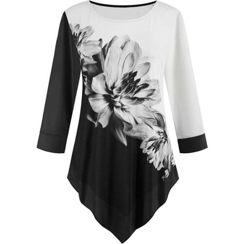 Ink Painting Printed Tunic Plus Size Women Irregular Casual White Womens Shirt 2020 Spring O Neck Three Quarter Leopard Blouse