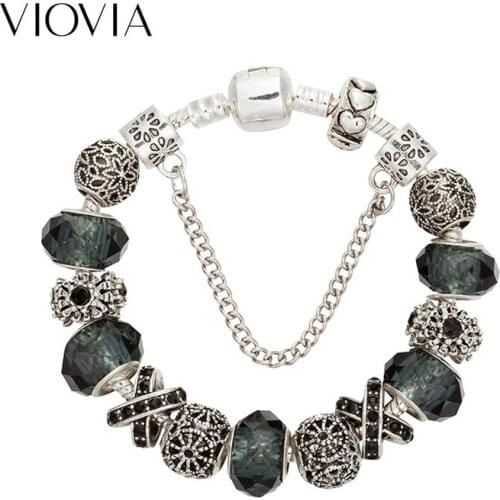 VIOVIA 2019 Silver Color Charms Bracelet & Bangles Black Crystal Beads Fit Original Bracelet for Women DIY Jewelry Gift B18018