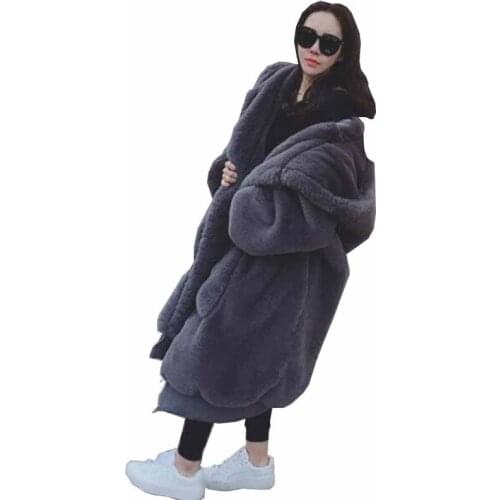 Harajuku Large size Faux Rabbit hair fur Coat Women Autumn Winter Thicken Warm Hooded Jackets Female Loose Outerwear Long Coats