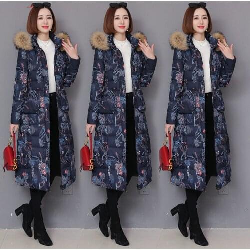 Women 2020 New Arrival Winter Jacket with Real Raccoon Fur Collar Female Hooded Long Padded Coat Ladies Outwear Print Parka P116