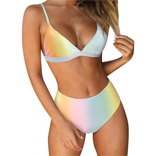Women Swimwear Gradient Print Bathing Suit Bandeau Padded Push Up Swimsuit Beachwear Bikinis Set Swimming Suit For Women Tankini