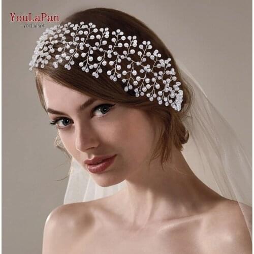 YouLaPan HP55 Crystal Bridal Hair Pieces Pearl Wedding Headbands for Girls Hair Vines for Brides Hair Ribbons for Women Tiara