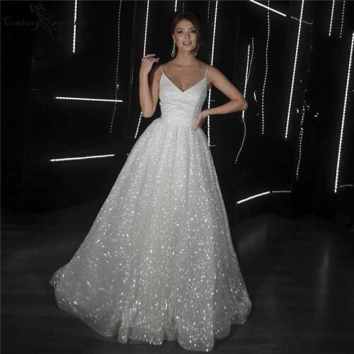 Sparkle Wedding Dresses for Women 2021 Spaghetti Backless A-Line Princess Bridal Gowns Plus Size Glitter Robe De Mariee
