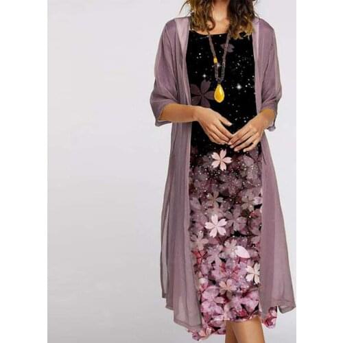 Elegant Floral Print Lady Fake Two Piece Dress Spring O Neck Long Dress With Chiffon Cardigan New Autumn Half Sleeve Women Dress