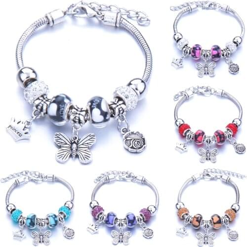 2020 New High Quality 6 Colors Lobster Buckle Snake Chain Bangles Beaded Bracelet Fit Jewelry Butterfly Flower Crown shape