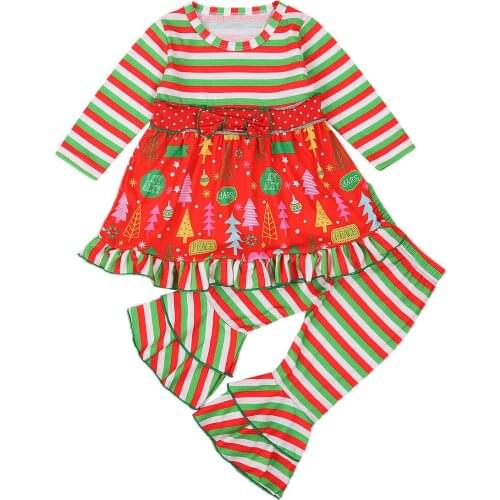 2020 Xmas 0-5Y Toddler Baby Girl Clothing Cartoon Xmas Tree Print Long Sleeve Dress Top+Colorful Striped Long Pants 2pcs Set
