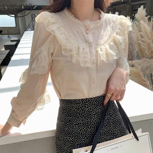 2021 Elegant Ladies Tops Womens Tops and Blouses Solid Lace Blouse Button Stand Tops for Women Shirts Blusas Femininas 8049 50
