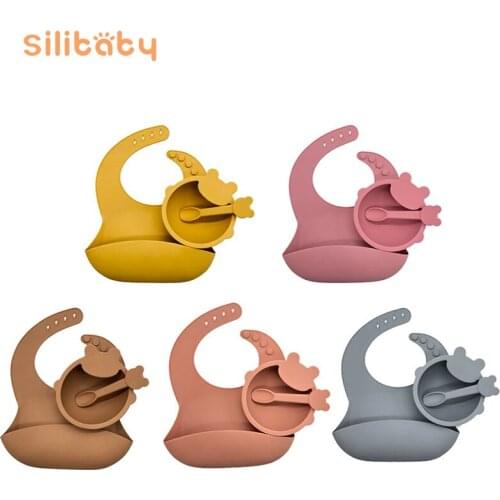 3Pcs Baby Silicone Tableware Bib Bowl Spoon Baby Saliva Cloth Solid Color Dinner Plate Children Waterproof Suction Cup Bowl