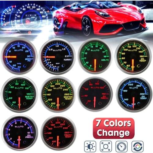 Car Gauge 2'' 52mm Turbo Boost Oil Pressure Bar/PSI Water/Oil Temp C/F Voltage Meter RPM Temperature Gauge 7 Color LED Display