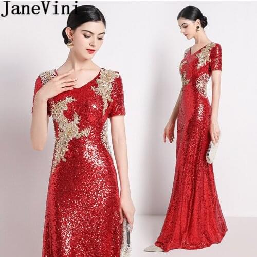 JaneVini Shiny Red Sequined Mother Of The Bride Dresses With Gold Appliques Beaded Short Sleeve Long Godmother Evening Dresses