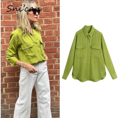 Za Women Blouse With Pockets Summer Vintage Office Ladies Chic Tops Female Satin Shirts Casual Sobrecamisa Mujer 2021 Blusas New