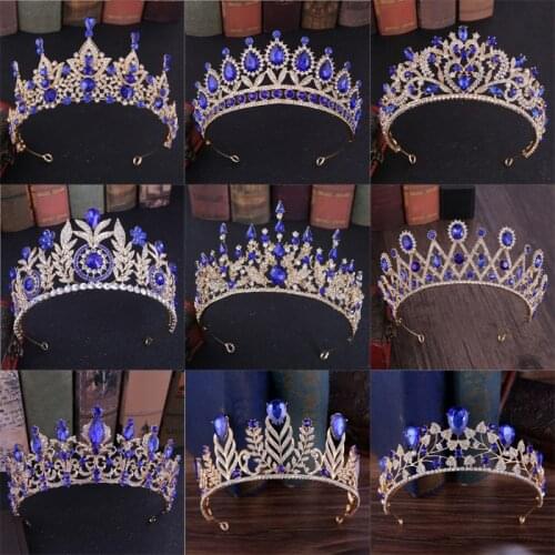 Queen big Large Tiara Wedding Crown Bridal Diadem Blue Crystal Rhinestone Head Jewelry Headpiece Wedding Hair Accessories
