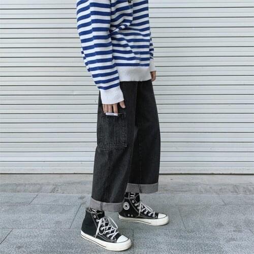 Mens Japanese Streetwear Hip Hop Trousers Men Baggy Korean Blue Jeans Harem Pants 2021 Big Pocket Denim Straight Pants