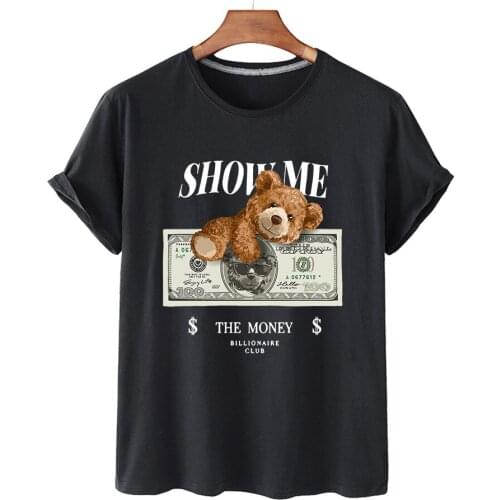 100% Cotton Funny Banknote Bear Print Shirt Short-sleeved O-neck Loose T-shirt For Women Plus Size T-shirt For Men And Women 4XL