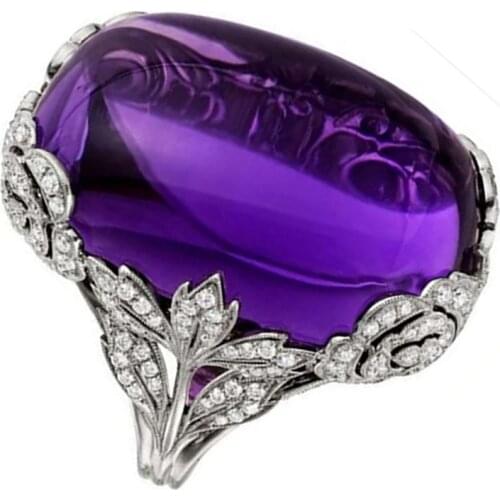 Classic Inlaid Purple Oval Flower Shaped Crystal Zircon Rhinestone Female Ring for Women Party Wedding Jewelry Accessories