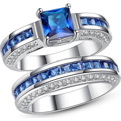 Fashion Women Jewelry Rings Set Luxury Blue Rhinestones Zircon Rings Bride Wedding Band Engagement Girl Gift