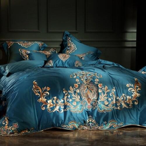 PurpleLuxury Egyptian Cotton Embroidery Royal Bedding Set King Queen Wedding Bed Sheet set Duvet cover Pillowcase blue 4/6pcs