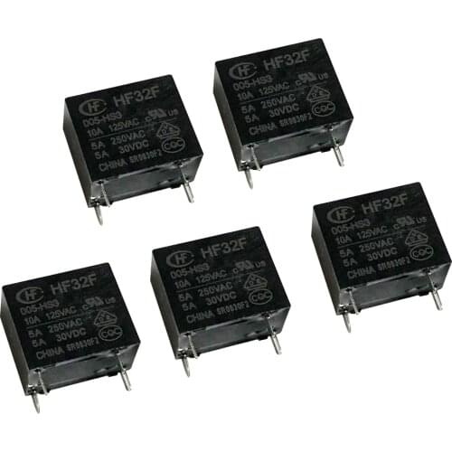 5Pc HF32F Plastic Mini Power Relay 4 Pin PCB Type Black Automobile Relay 5V