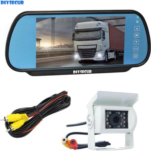 DIYSECUR 7" Mirror Monitor Car Monitor Waterproof IR Night Vision CCD Rear View Car Camera White for Truck Caravan Bus Van
