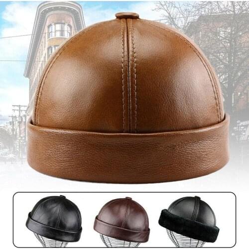 Mens Winter Warmth Without Eaves Melon Leather Hat Middle-aged and Elderly Mens Hat Old Man Leather Hat Party Hat Gift