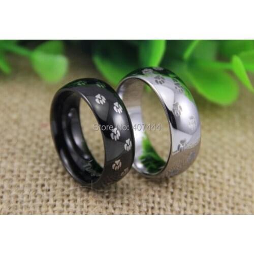Free Shipping USA UK Canada Russia Brazil Hot Sales 8MM High Polish Black/Silver Dome Doggy Prints Mens Tungsten Wedding Rings