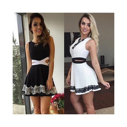 New Sexy Women Clothing Party Elegant Senior Sleeveless O-Neck Dress Lace Hollow Dress Black And White Fashion Mini Vestido
