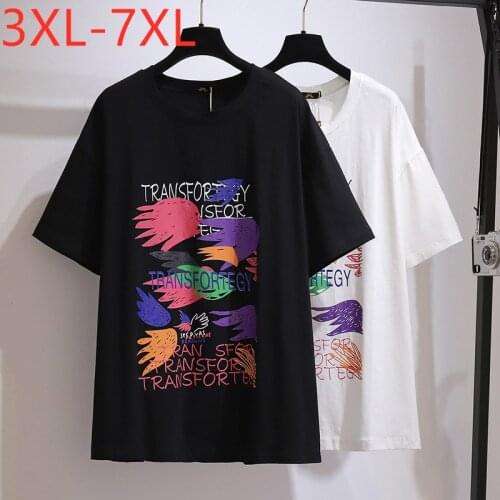 New 2021 Ladies Summer Plus Size Tops For Women Large Short Sleeve Loose Cotton Black Graffiti Print T-shirt 3XL 4XL 5XL 6XL 7XL