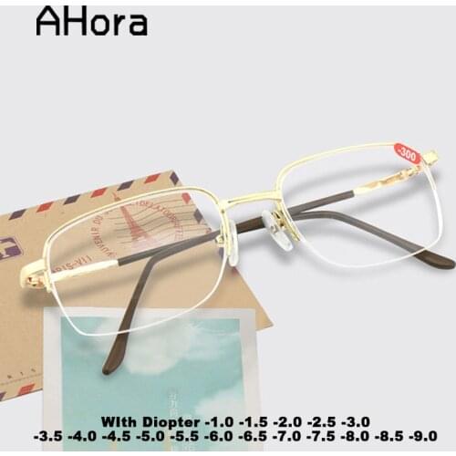 Ahora Finished Myopia Glasses Half Frame Metal Eyeglasses Women Men High Diopter -1.0 1.5 2.0 2.5 3.0 3.5... 8.0 8.5 9.0 9.5 10