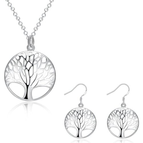 Wisdom Tree Necklace S925 Silver color set Stamp Tree Of Life Pendant Necklace and Earrings Christmas Gifts of jewe S828