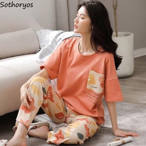 Women Printed Pajama Sets Leisure Nightwear Cozy Ankle Length Pants Short Sleeve Tops Females Lounge Breathable Trendy Teenagers