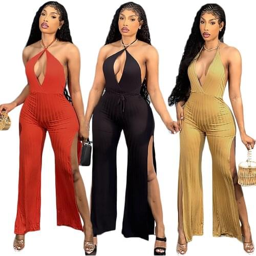 Sexy Backless Lace-up Women Jumpsuit Split Fashion Club Romper Overalls Bodycon Sleeveless Design V Neck Jumpsuits Summer 2021