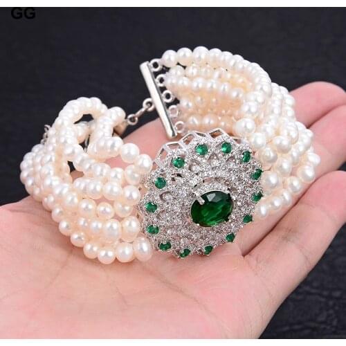 GuaiGuai Jewelry Natural Pearl 8" 8 Strands White Pearl Green Crystal CZ Connector Bracelet