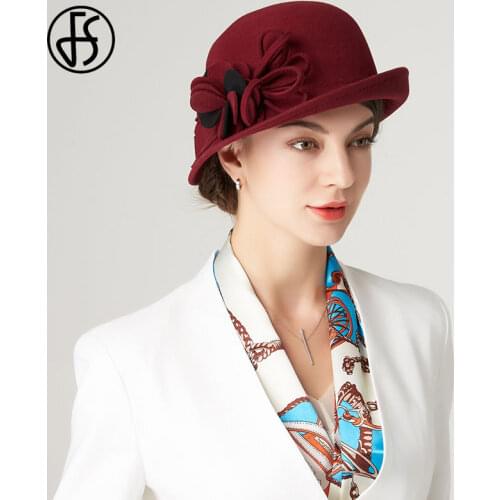 FS 2021 Wool Fedoras Hats For Women Winter Black Wide Brim Cloche Hat With Flowers Felt Bowler Ladies Red Gray Floppy Derby Caps