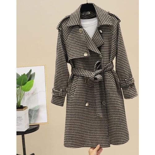 Houndstooth Windbreaker Womens Small, Long, Knee-length Autumn Korean Style Loose Waist and Thin Temperament Plaid Coat Jacket