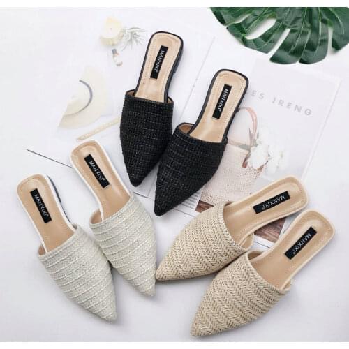 QWEDF New 2019 Spring Summer Women Slippers Weave Flat Shoes Woman Mules Shoes Pointed Toe Half Slippers Outside Slides CR-56