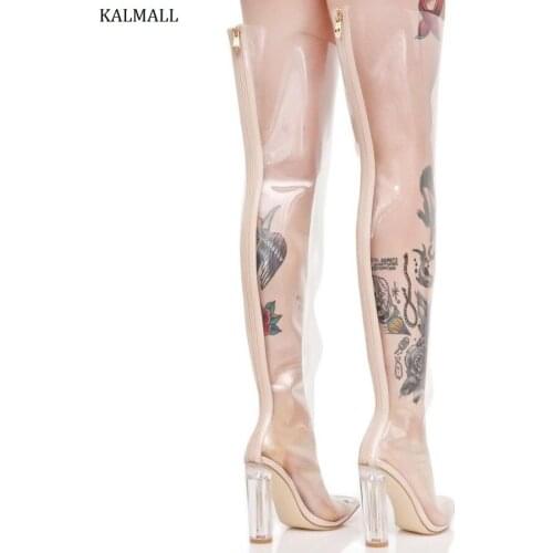 KALMALL Transparent PVC Women Over-The-Knee Boots Kim Kardashian Style Thigh High Boots Pointed Toe Block Heels Women Long Boots