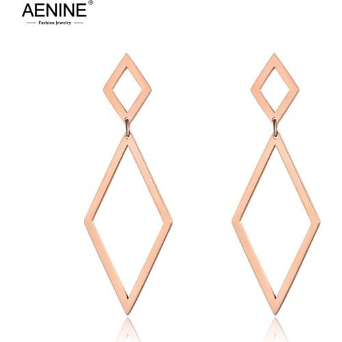 AENINE Trendy Rose Gold Jewelry Different Sizes Hollow Rhombus Stainless Steel Earrings For Women Pendientes Mujer Moda AE18099