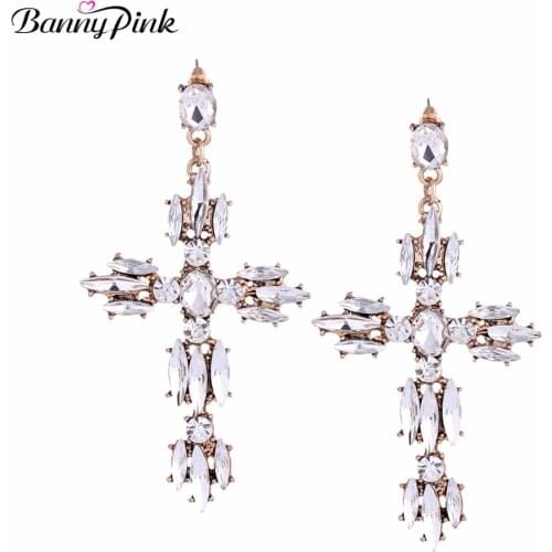 Banny Pink Chunky Geo Crystal Cross Studs Earrings For Women New Alloy Jesus Pendant Post Earrings Fashion Jewelry Pendientes