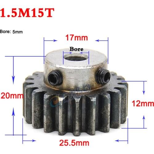 1.5 Modulus 15 Teeth Bore 5mm Spur Gear 45# Steel Module 1.5 Motor Metal Gear Wheel Top Screw