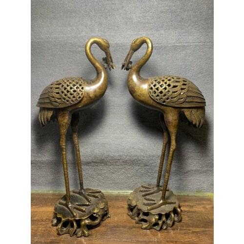 15" Tibet Buddhism Temple Old Bronze Crane Incense Burner Statue Red crowned crane statue A pair Ganoderma lucidum